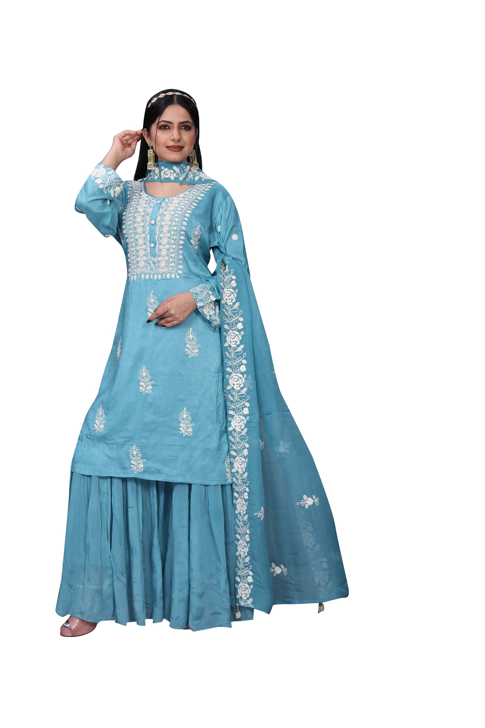 Elegant Silk Suit with Lucknowi Work & Chinon Palazzo – Graceful Ethnic Wear