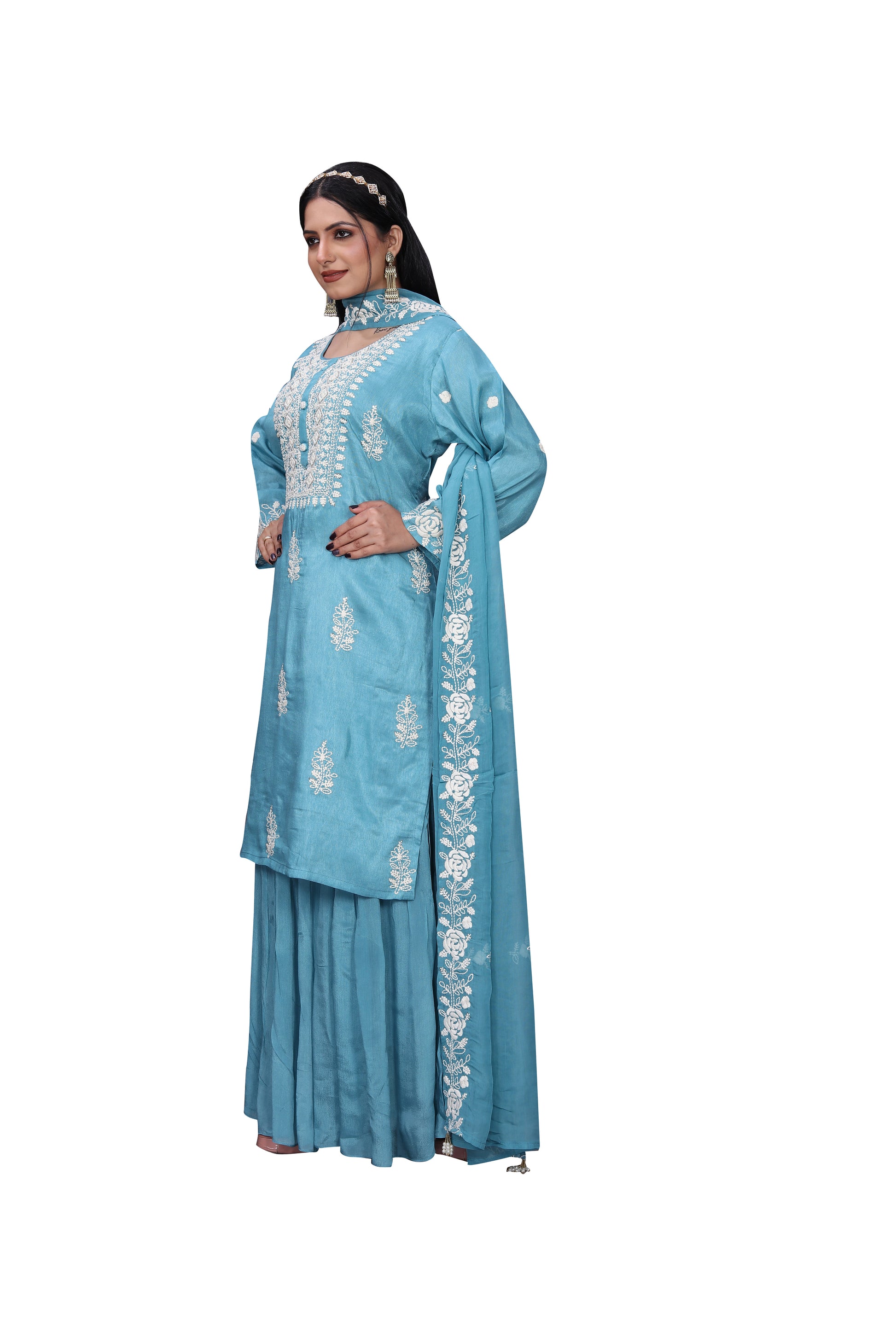 Elegant Silk Suit with Lucknowi Work & Chinon Palazzo – Graceful Ethnic Wear