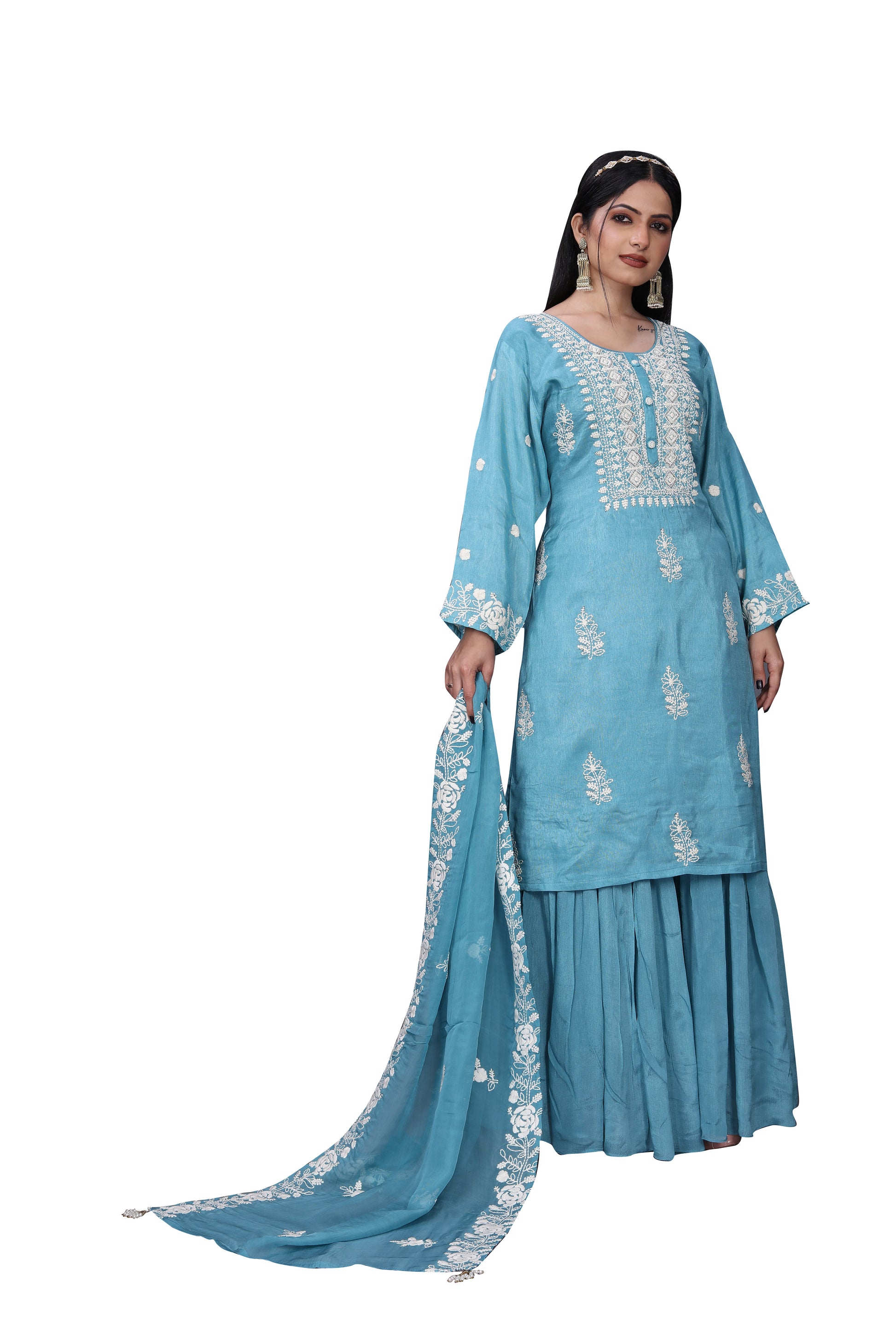 Elegant Silk Suit with Lucknowi Work & Chinon Palazzo – Graceful Ethnic Wear