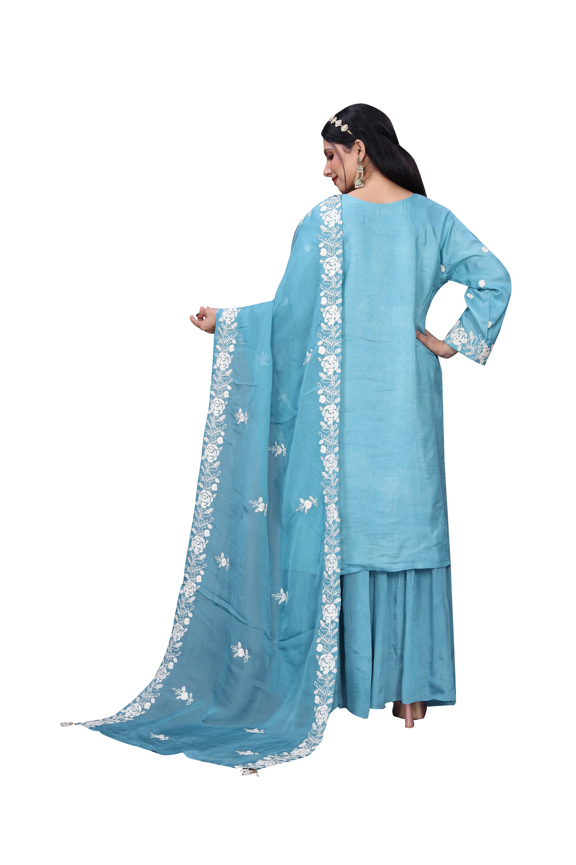 Elegant Silk Suit with Lucknowi Work & Chinon Palazzo – Graceful Ethnic Wear