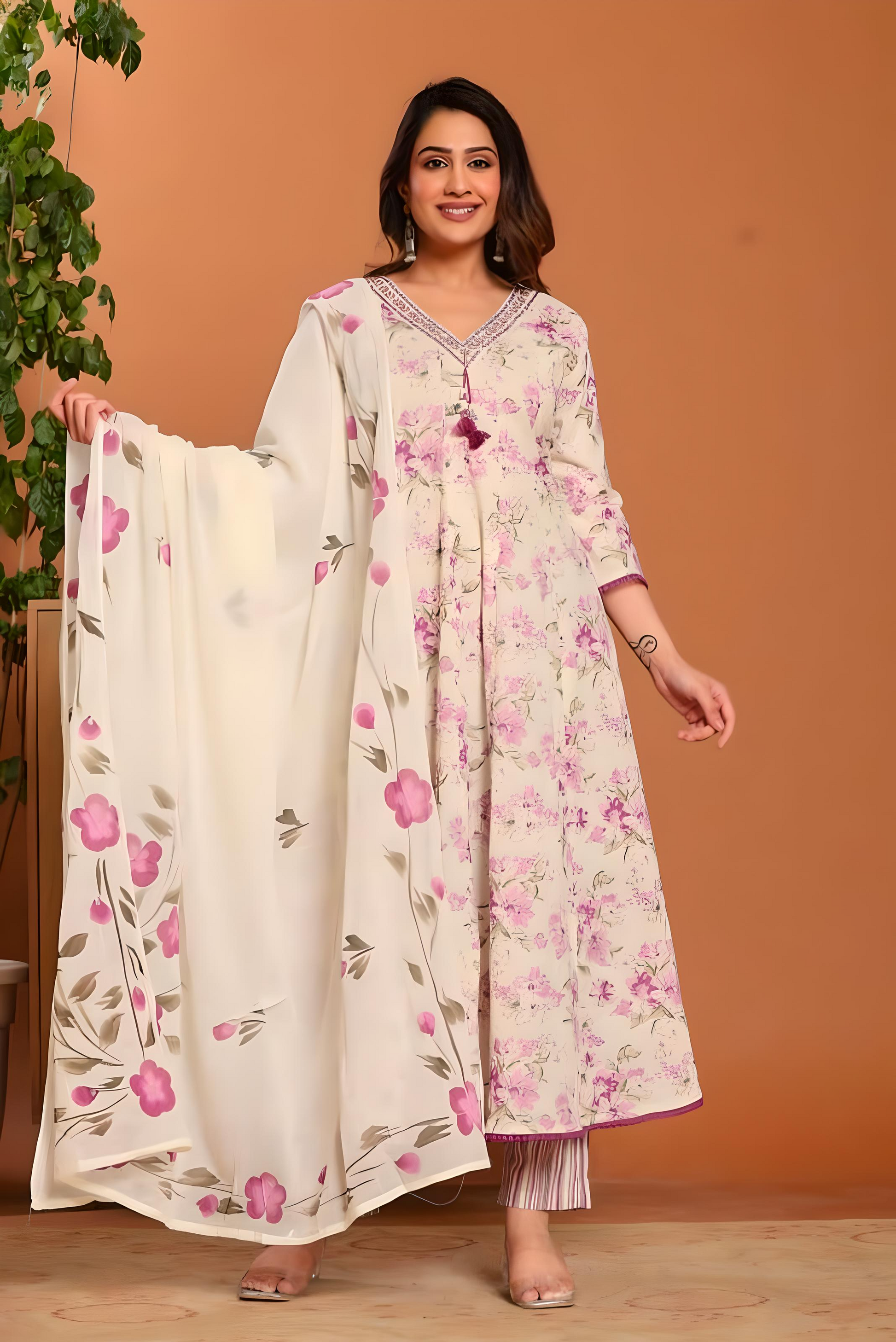 Cream Floral Printed Anarkali Kurti Set with Dupatta