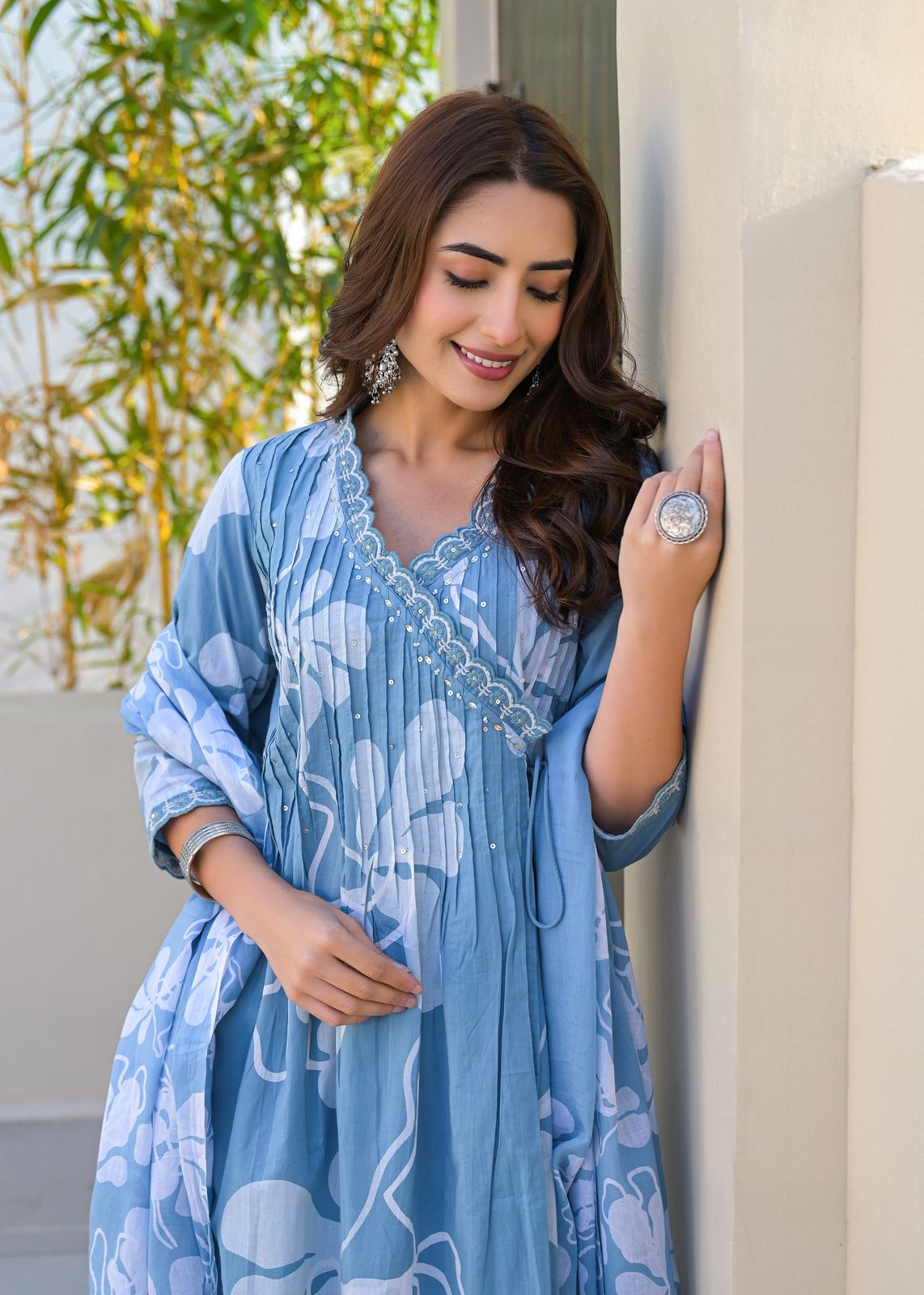 Sky Blue Cotton Kurti Set with Dupatta – Handblock Printed