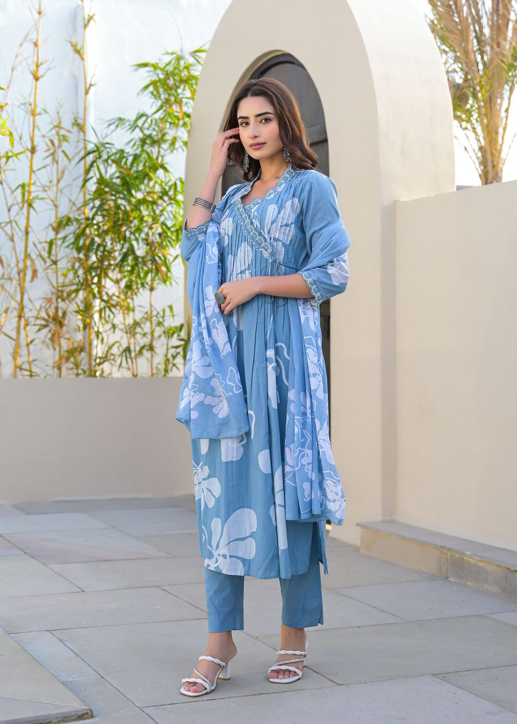 Sky Blue Cotton Kurti Set with Dupatta – Handblock Printed