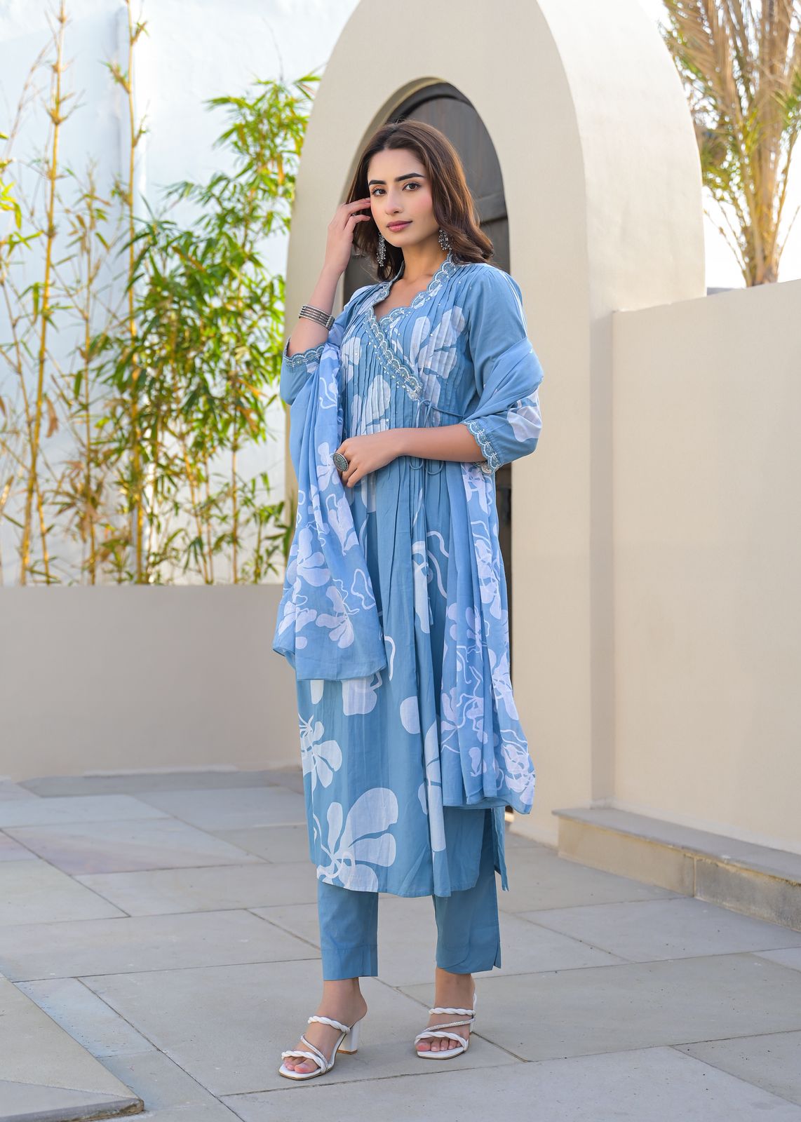 Sky Blue Cotton Kurti Set with Dupatta – Handblock Printed