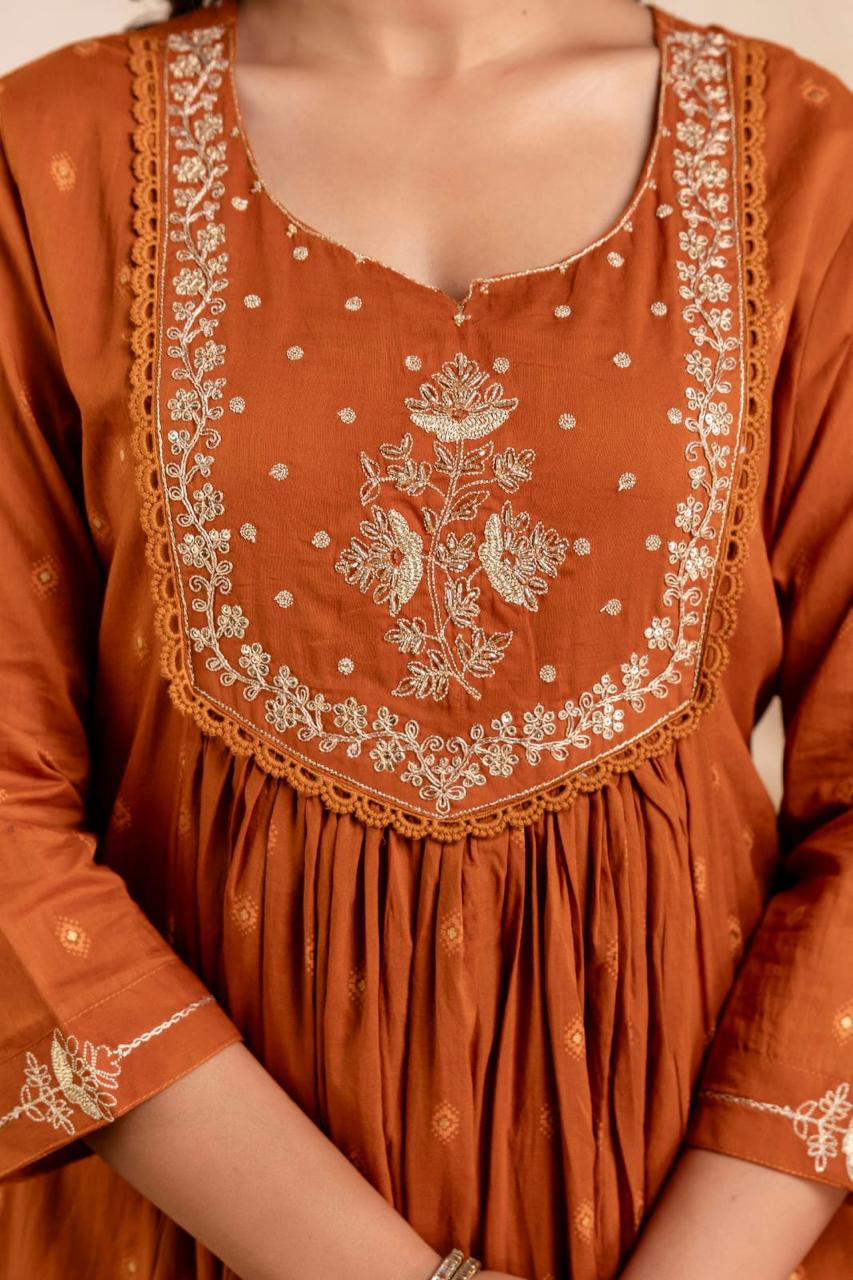 Rust Embroidered Anarkali Kurti Set with Dupatta