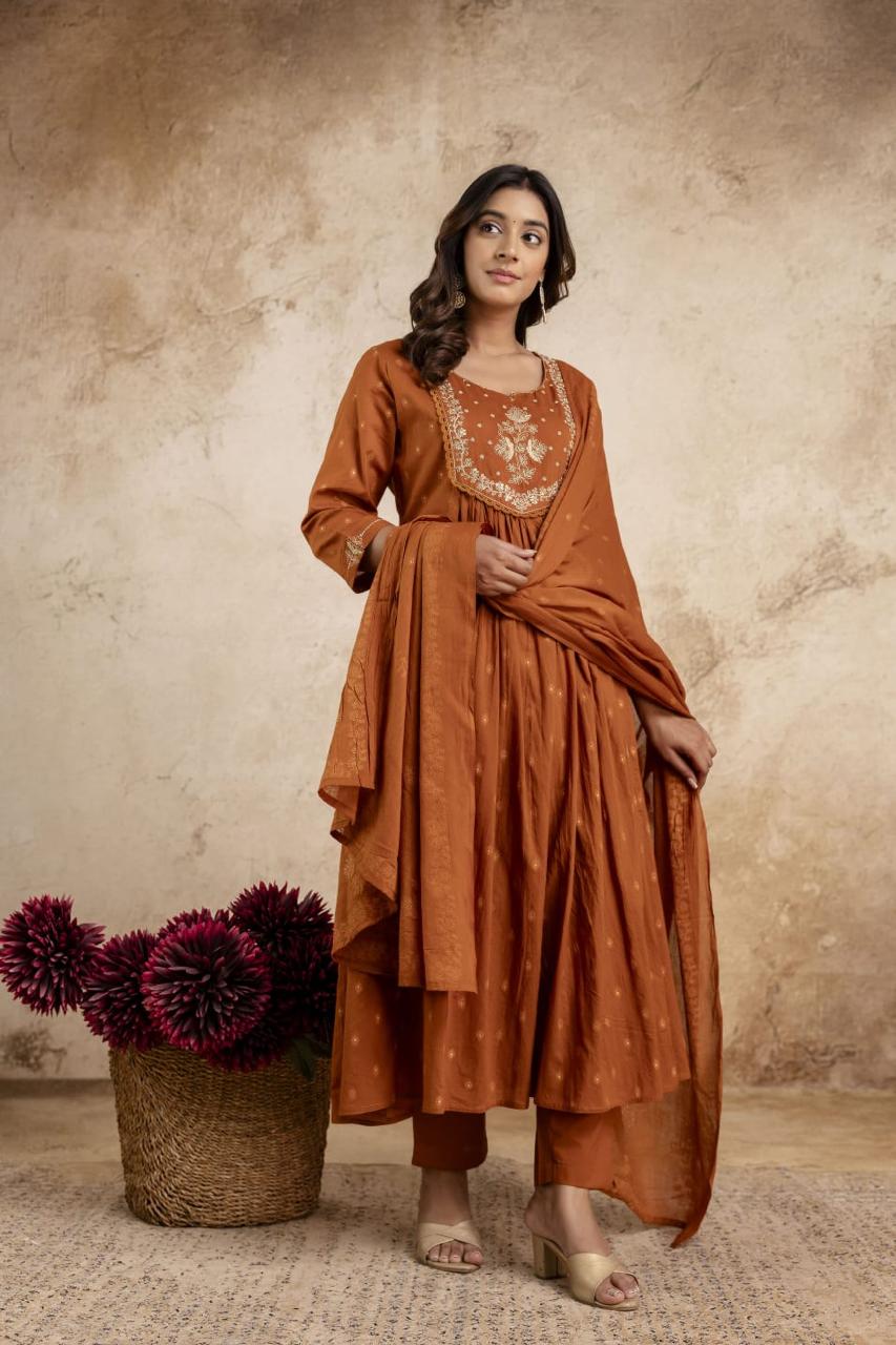 Rust Embroidered Anarkali Kurti Set with Dupatta
