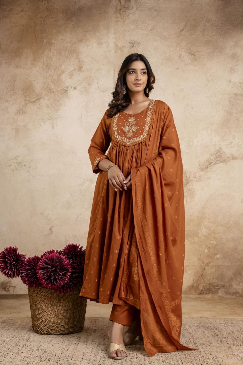 Rust Embroidered Anarkali Kurti Set with Dupatta