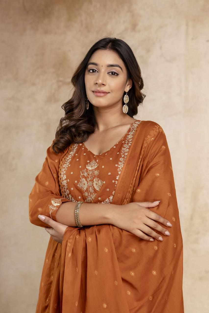 Rust Embroidered Anarkali Kurti Set with Dupatta