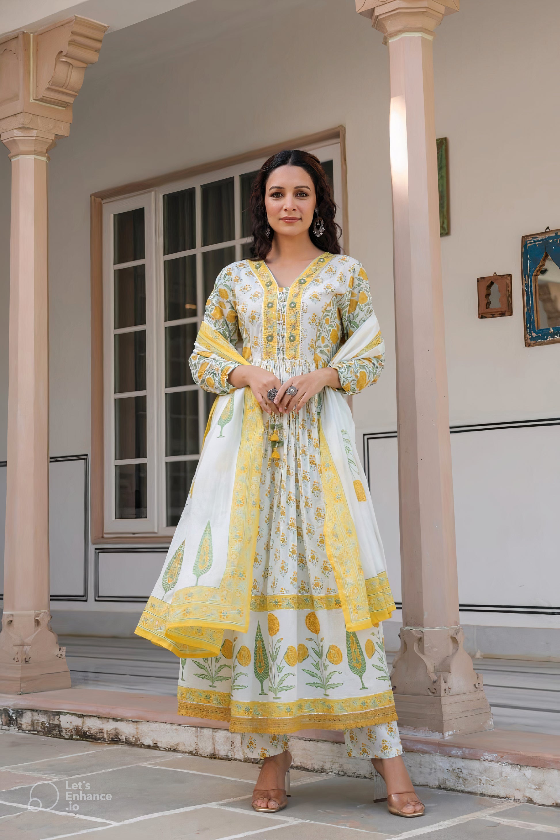 Yellow Handblock Floral Anarkali Kurti Set with Dupatta